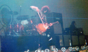 Jimmy Page of Led Zeppelin performing in Pittsburgh, Pennsylvania on February 1, 1975