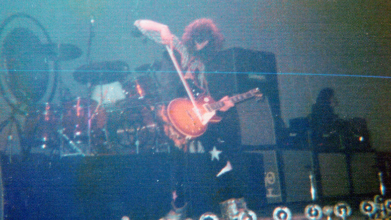 Jimmy Page of Led Zeppelin performing in Pittsburgh, Pennsylvania on February 1, 1975